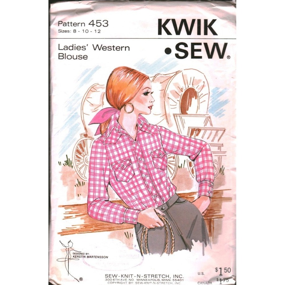 Vintage Kwik Sew 453 Ladies Western Blouse Sewing Pattern Size 8 10 12 Retro